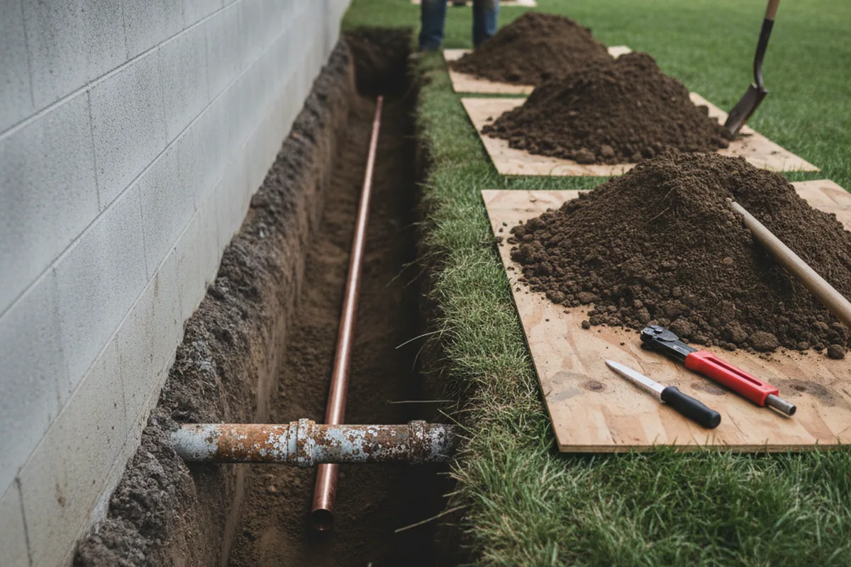 Excavated water line trench during Water Softener Installation in Medimont